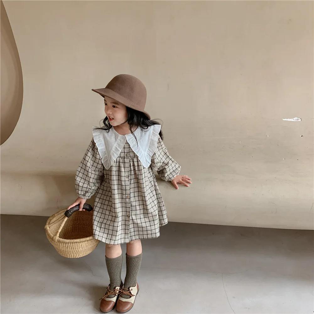 Baby Girls Dress Casual Plaid Clothes Summer 2023 New Korean Cotton Linen Girls Princess Dress Big Turn Down Collar Dress