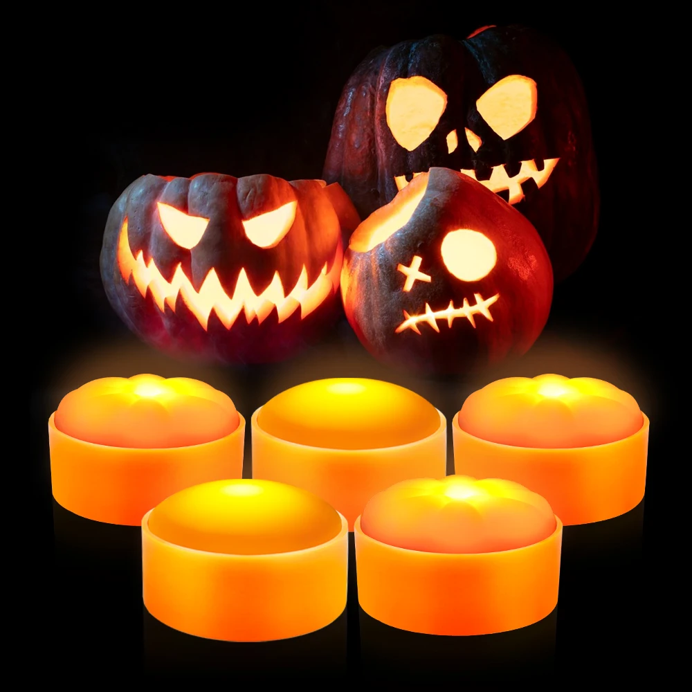 Battery Operated with Timer Outdoor Flameless Candles Waterproof Tea Lights Orange Halloween Led Puck Pumpkin Orange Lights