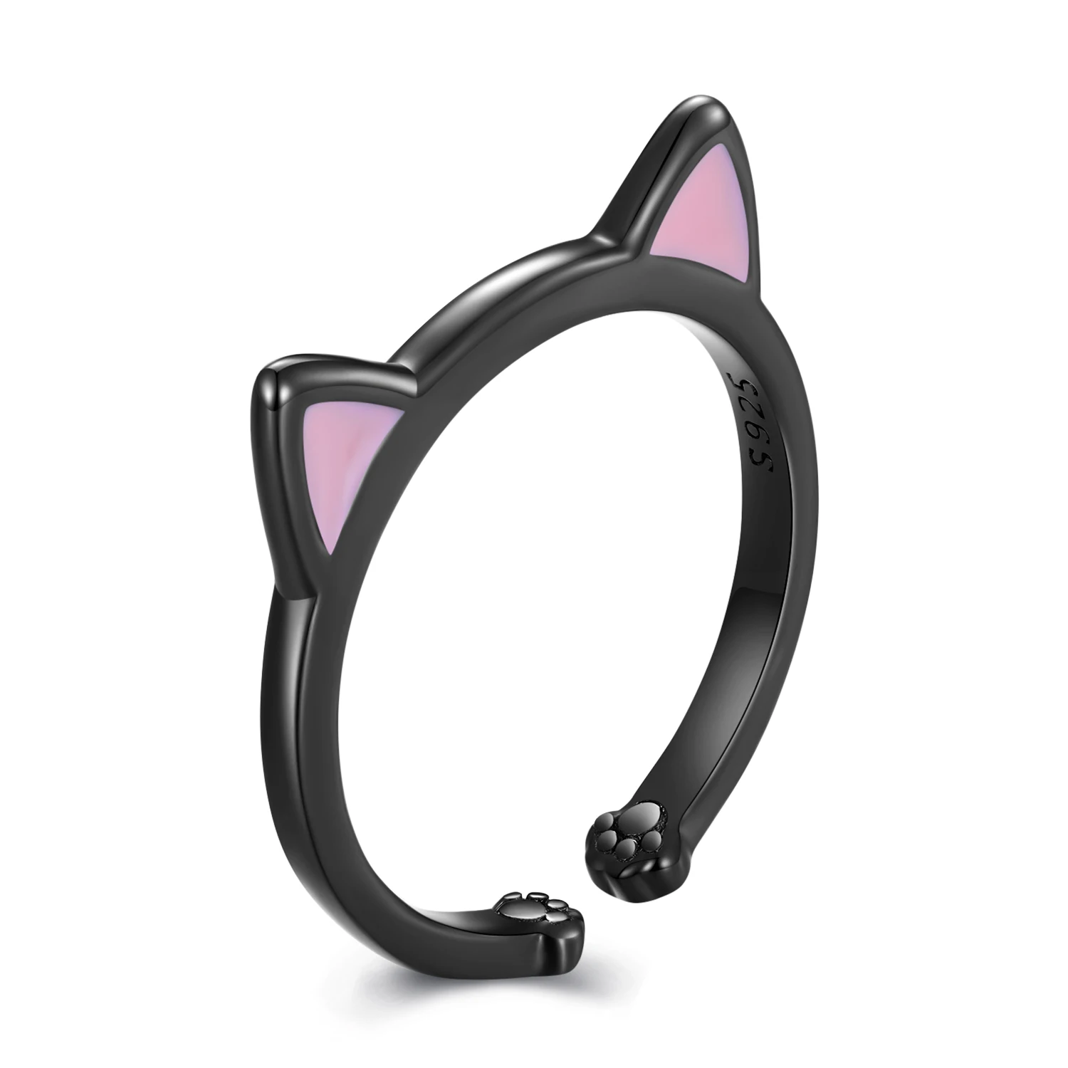 925 sterling silver cool black cat pink ears adjustable fashion jewelry ring for girls