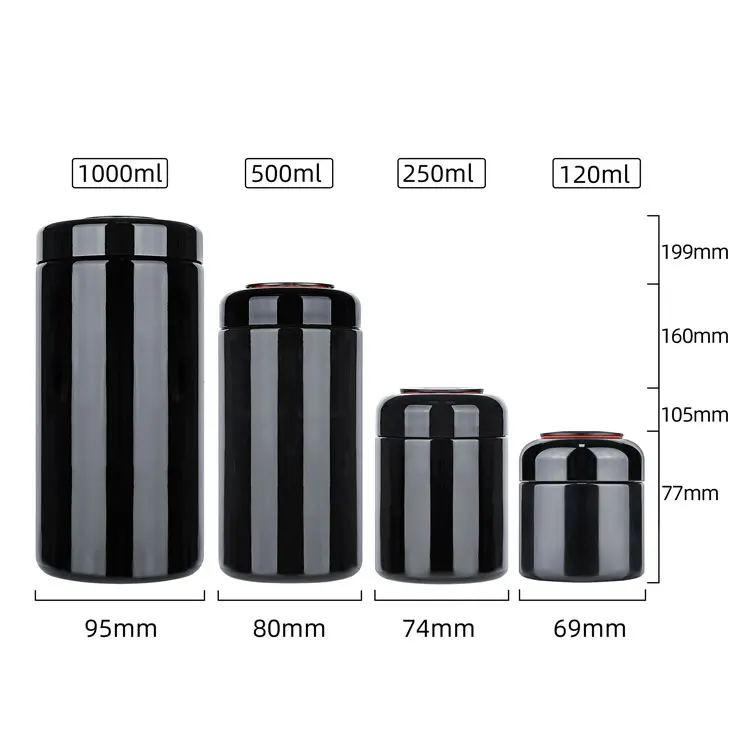 120ml 500ml 1000ml Custom Airtight Smell Proof Storage Container Child Resistant Dark Black Uv Glass Jar With Hygrometer Lids