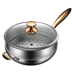 New design Double woks with steamer Multi-purpose stainless steel wok Gilded Lid and Handle Durable household kitchenware