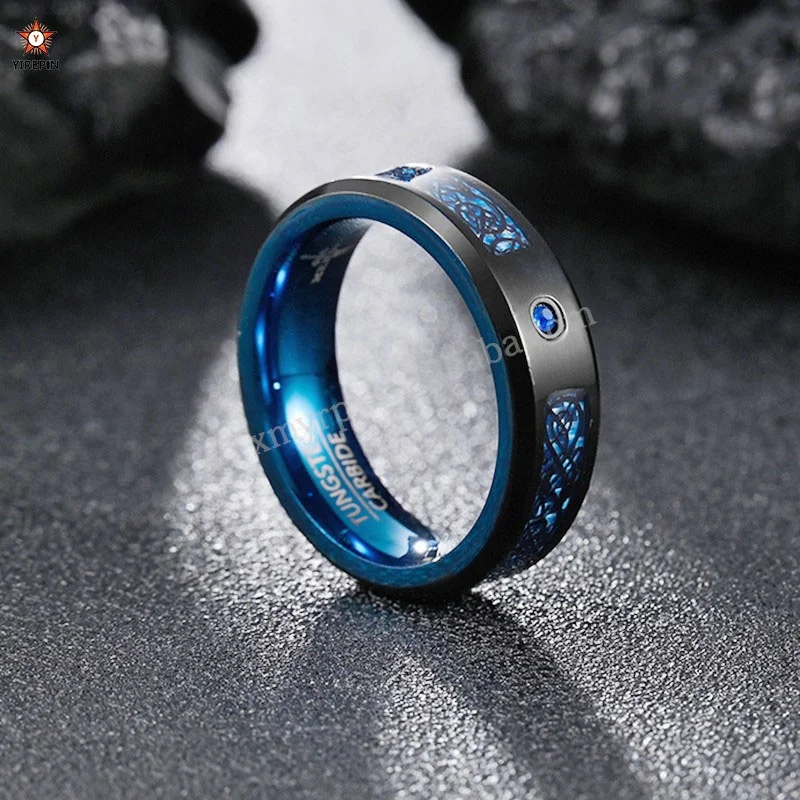 Fashion Black Tungsten Wedding Celtic Dragon Rings For Men Inlaid blue Zircon Punk Men Stainless Steel blue Carbon Fibre Ring
