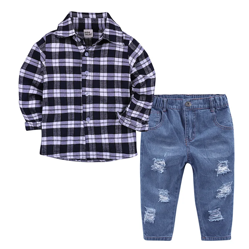 Custom logo Kids clothes sets Baby Boys Casual children Clothing Sets jeans Pants Long Sleeve plaid polo cotton design Shirts