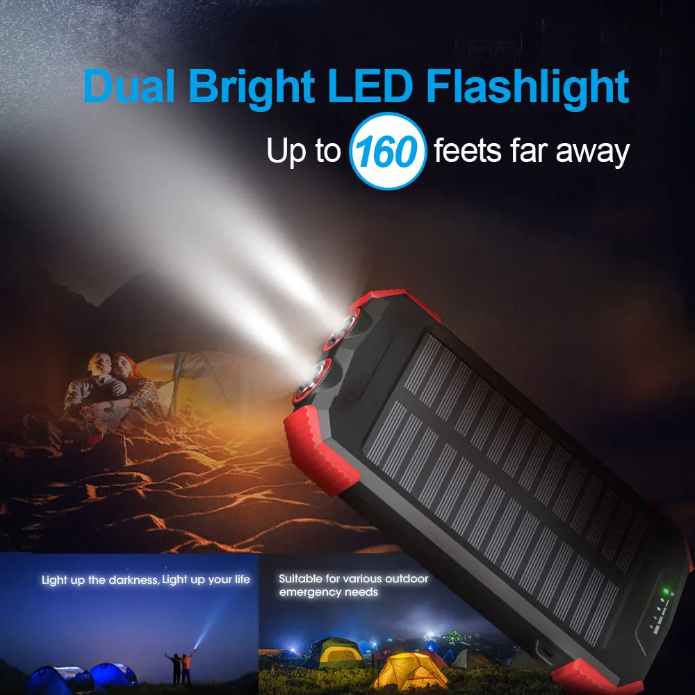 Outdoor wireless charging 10000mAh Dual USb Solar Powerbanks mobile portable solar chargers With Bright Flashlight
