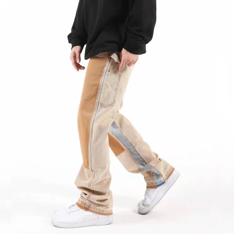 Men 2022 FW collection stacked jeans straight leg loose fit sand wash canvas jeans pants
