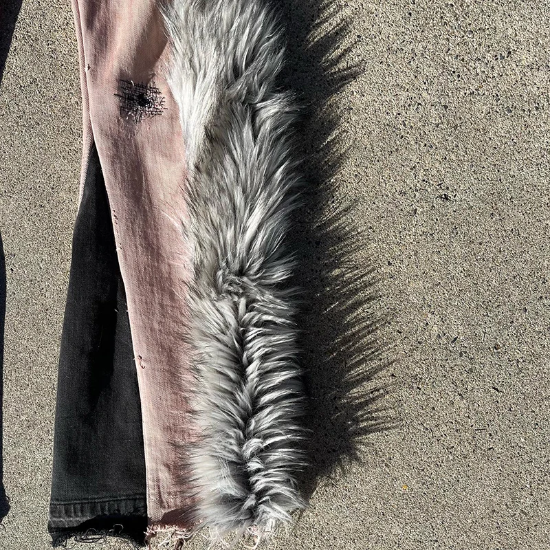 YYSY Custom denim pants skinny jeans stitched patchwork fur stacked jeans pants for men