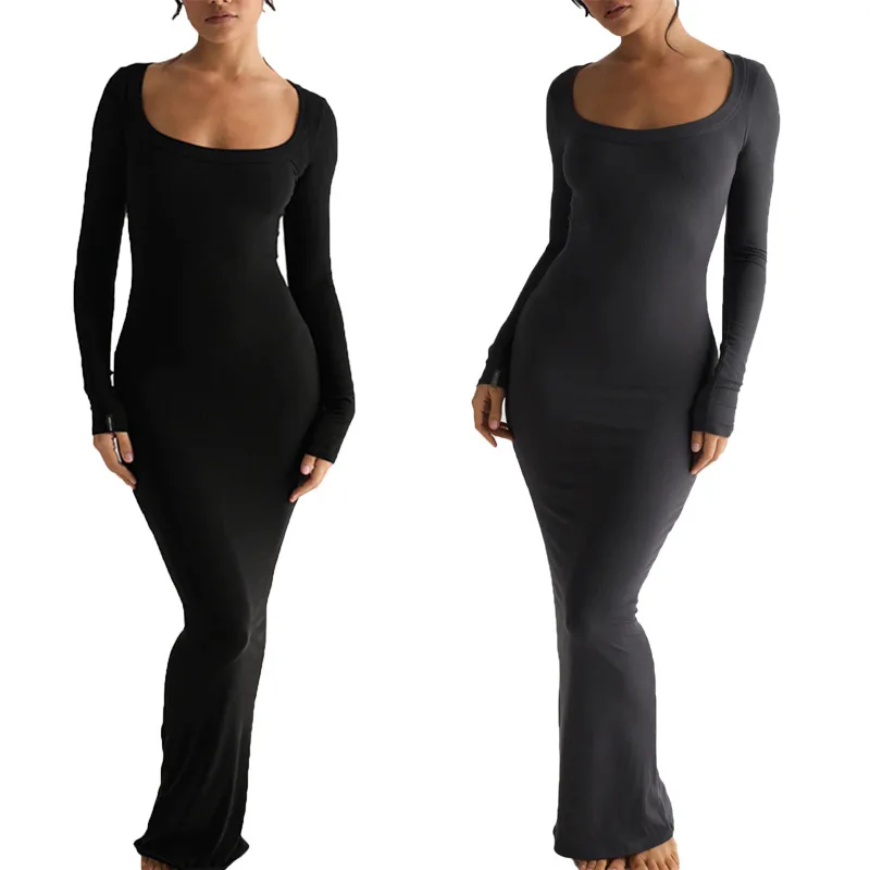 faldas para ropa de mujer poly spandex ribbed long sleeves scoop neck long maxi dressed prom evening night dresses for woman