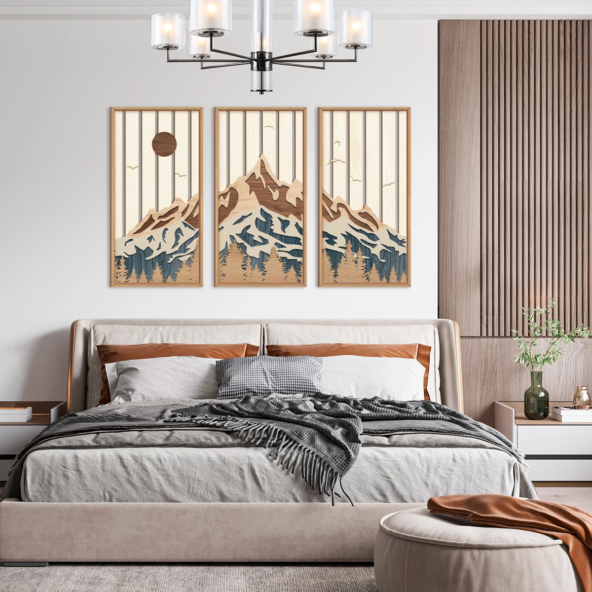 Boho Sun Wood Wall Art Geometry Line Hollow Wall Decor Mid Century Modern Decor 3 Panels Sunrise Wall Sculptures Wooden Set for