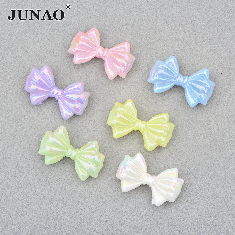 JUNAO Top Quality Colorful Bowknot Cabochon Headwear Jewelry 100pcs Resin Bow Beads Necklace Sewing Beads Wholesale For Children