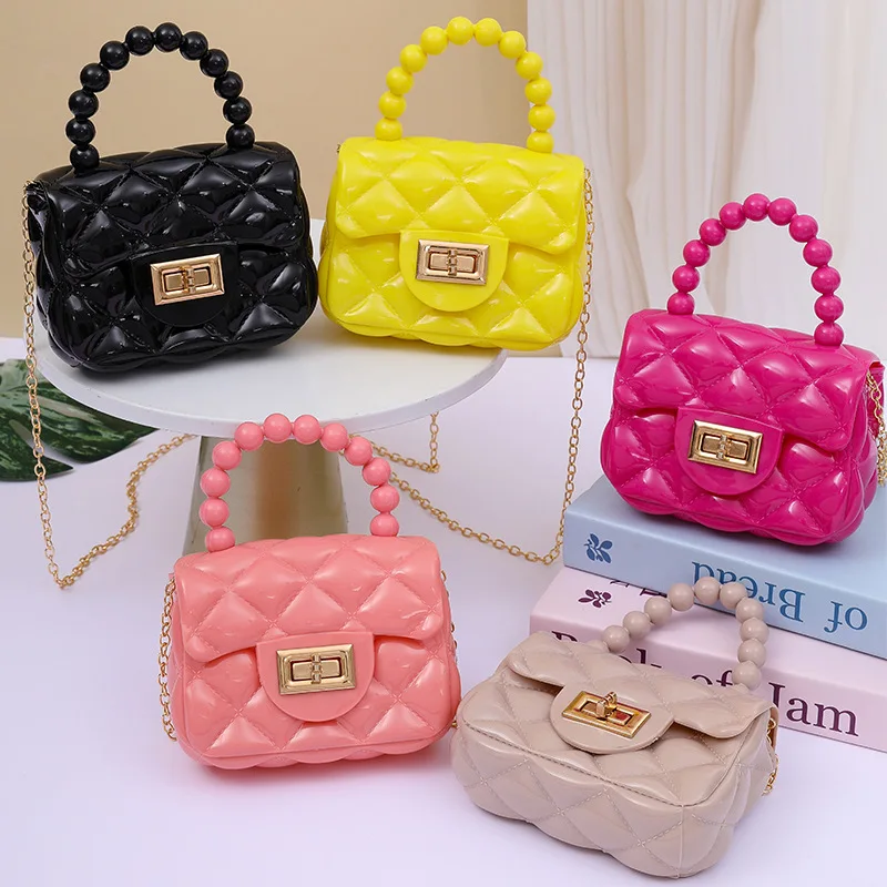 Trendy jelly purse bag for girl cute princess handbag PVC shoulder bags with pearl handle long chain