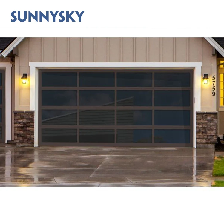 Sunnysky 16x8 Tempered Mirror garag door glass Automatic Sectional Commercial Aluminum Frameless Double Garage Doors
