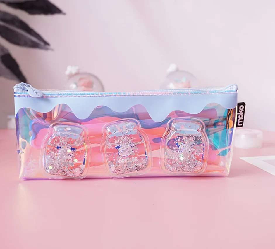 designer transparent pencil case glitter bags, clear pvc sequin pencil case zipper custom