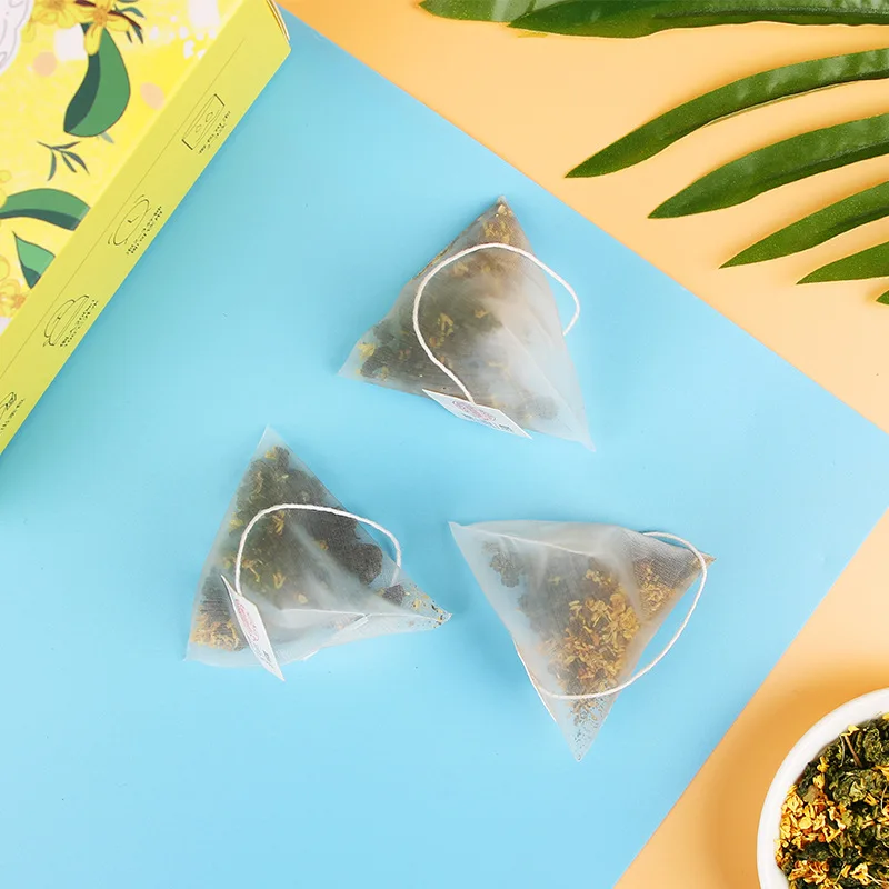 PLA Biodegradable 3-Side Seal Empty Teabag Pyramid Bags Pre-Tagged Corn Fiber Tea Sachets with Thread