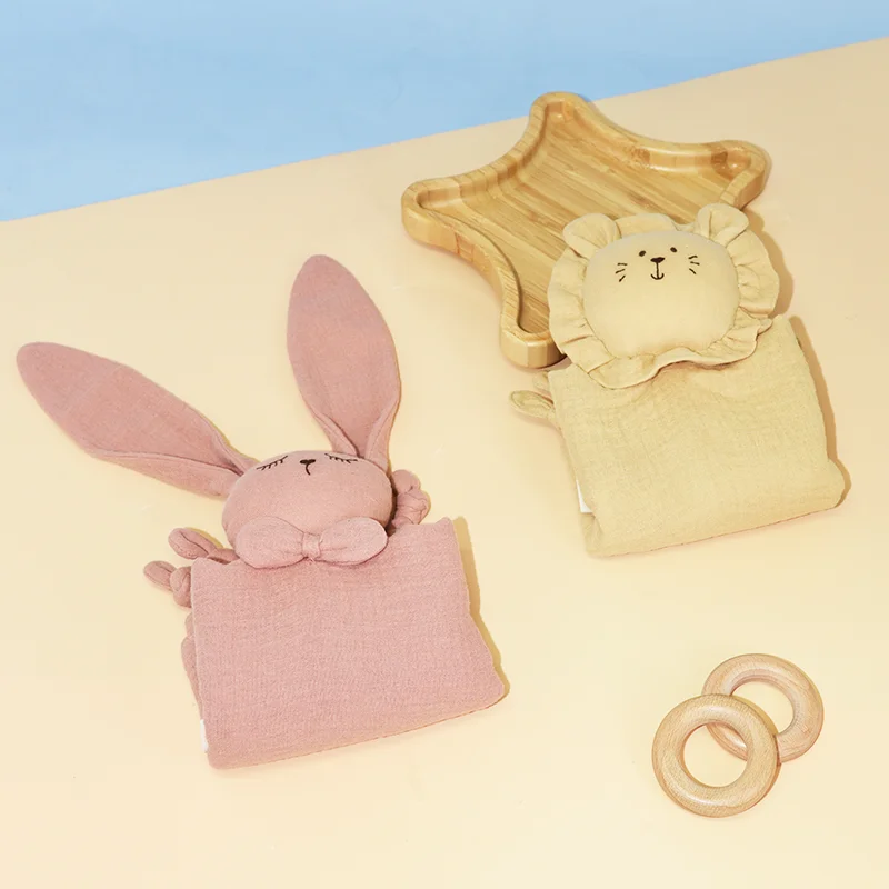 Lovely Muslin Rabbit Baby Comforter Security Blanket Soft Head Stuffed Cuddle Toy Infant Rabbit Sleeping Comforter