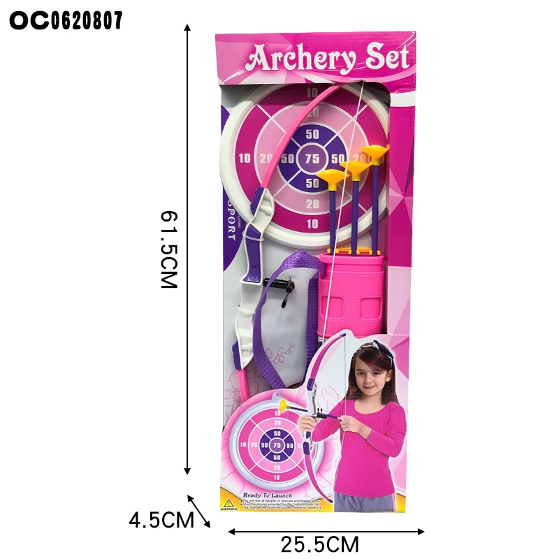Girls pink shooting target plastic archery bow and arrow game toy for kids