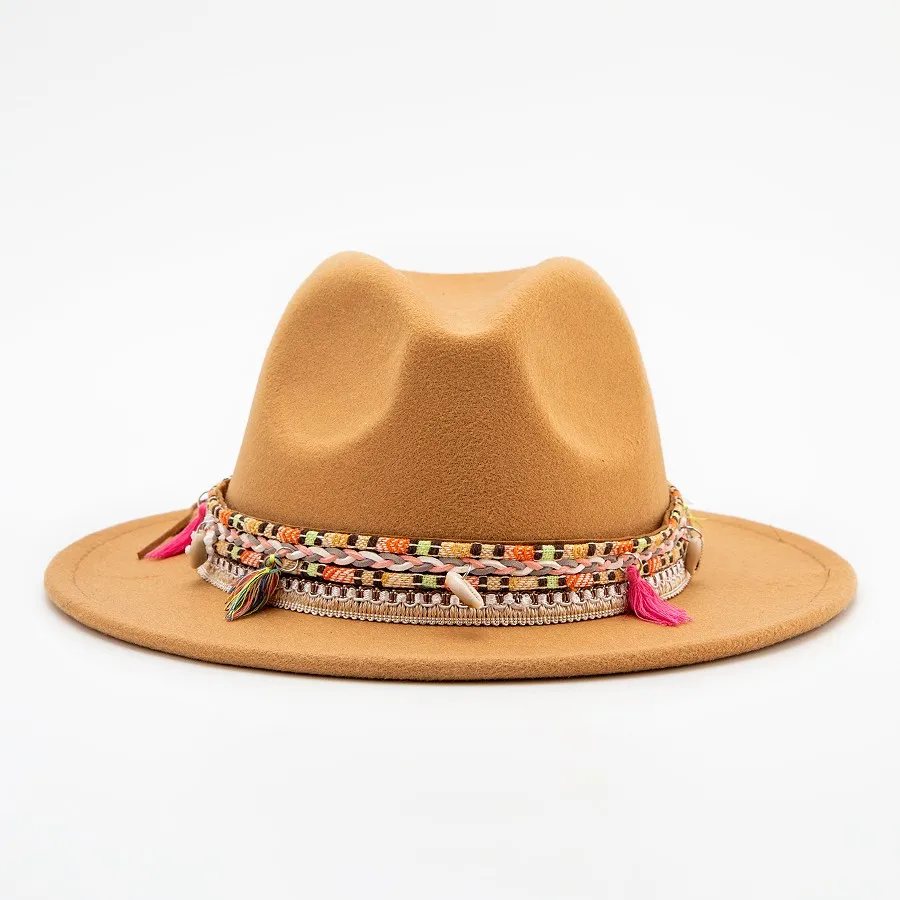 Colorful Fringe Women Thick Wool Yarn Flat Wide Brim Hats Jazz Winter Fedora Felt Hat