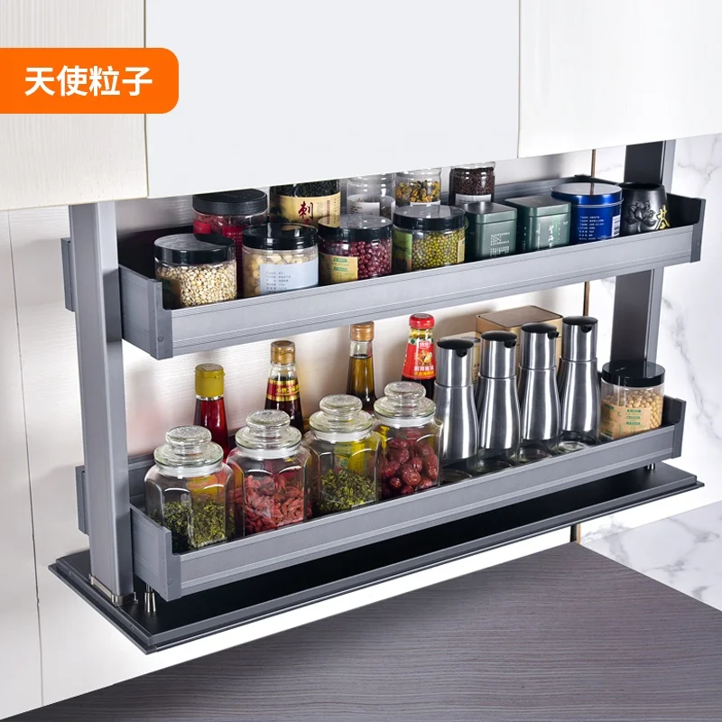 Customized modern home seasoning storage induction lift pull down kitchen cabinet large capacity stainless steel pull basket