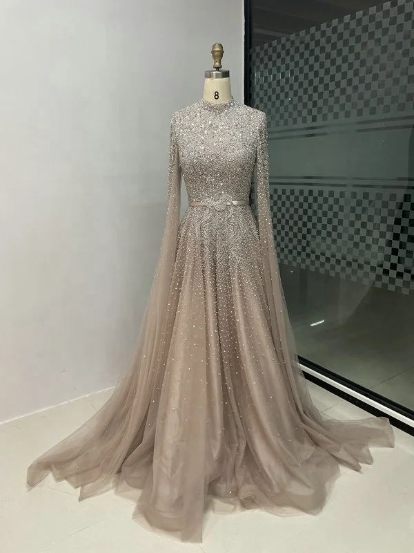 Elegant High Neck Cape Sleeves Middle East Muslim Muslimah Arabic Mother Of The Bride Dress For Wedding Party Prom Dresses 2024