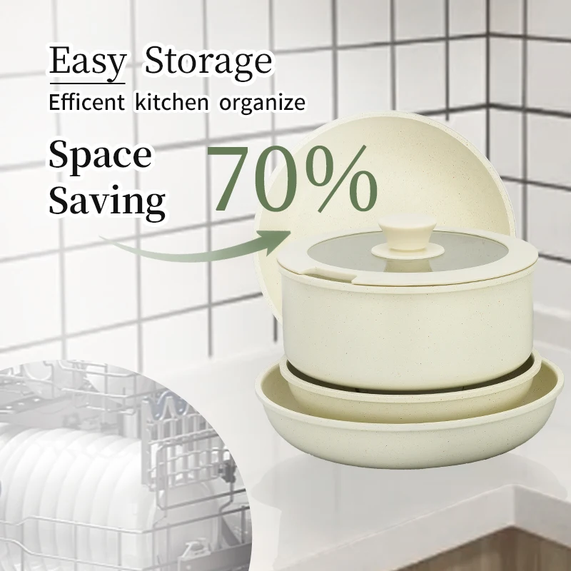 11pcs Pots and Pans Set Nonstick Cookware Detachable/Removable Handle Induction RV Kitchen Set Oven Safe Cream White