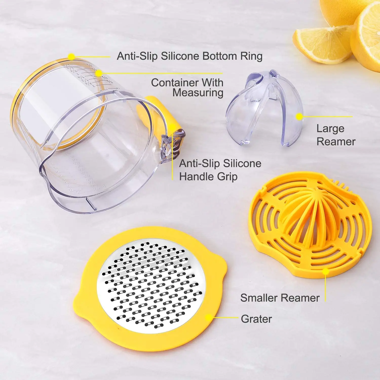 Multifunction Citrus Lemon Orange Juicer Plastic Manual Hand Squeezer with Built-in Measuring Cup and Grater