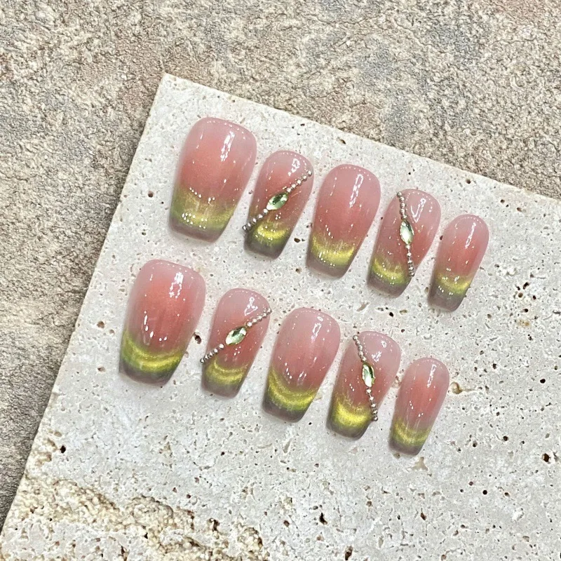 Design #1898 Handmade Cute French Style Almond Gel Nail Tip Long Press-On Acrylic Nails in Spring Green cat eye nails
