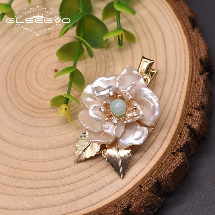 Natural Freshwater Baroque Pearl Hairpin Big Green Jade Flower Shape Original Design Handmade Fine Jewelry