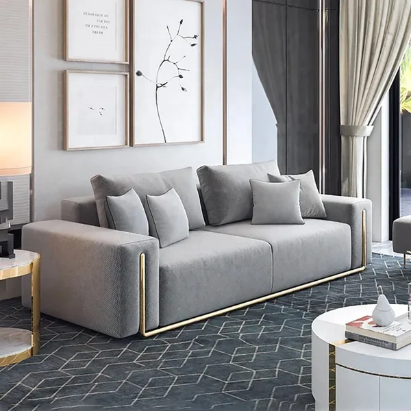 NOVA Modern Grey 2 Seater Upholstered Sofa With Gold Metal Luxury Living Room Couch Furniture Lounge Loveseat Sofas