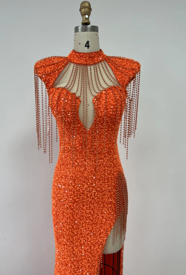 ED2570 Orange High Slit Sexy Maxi Dresses Luxury Dresses Women Elegant Ball Gown Sequin Pearl Evening Dress