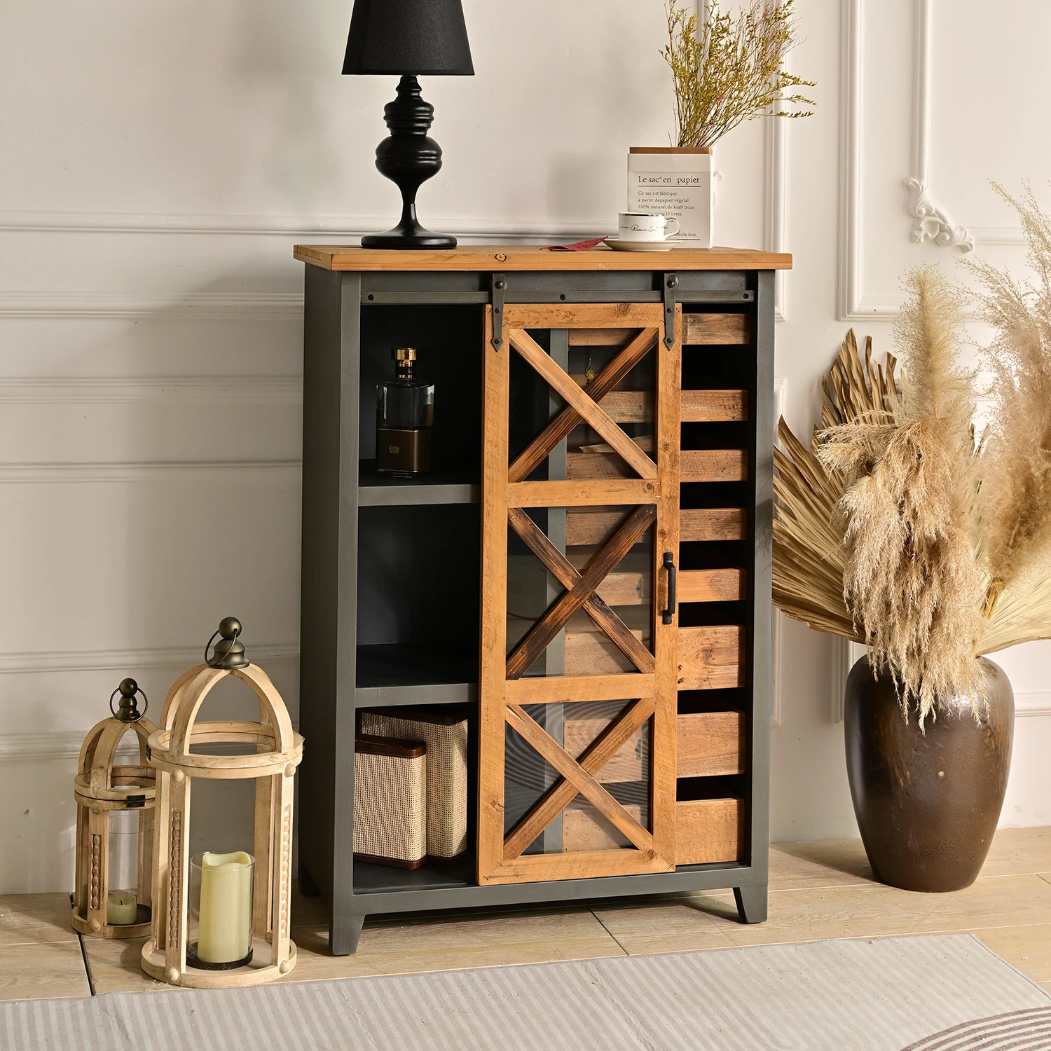 INNOVA HOME antique kitchen sideboard furniture solid wood cabinet with slide barn door