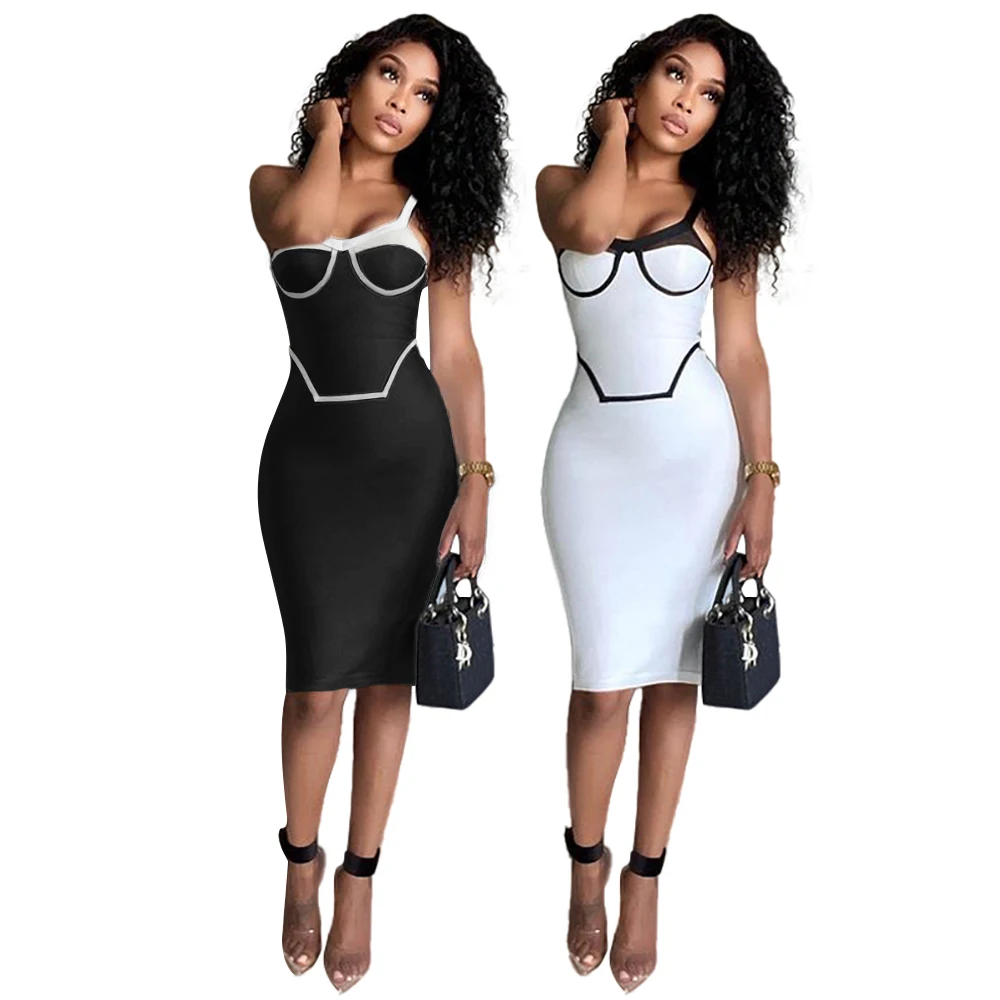 6360 Sexy White and Black Contrast Color Maxi Dress Fashion Sleeveless Sheath Party Dress Woman 2021 Robe Soiree