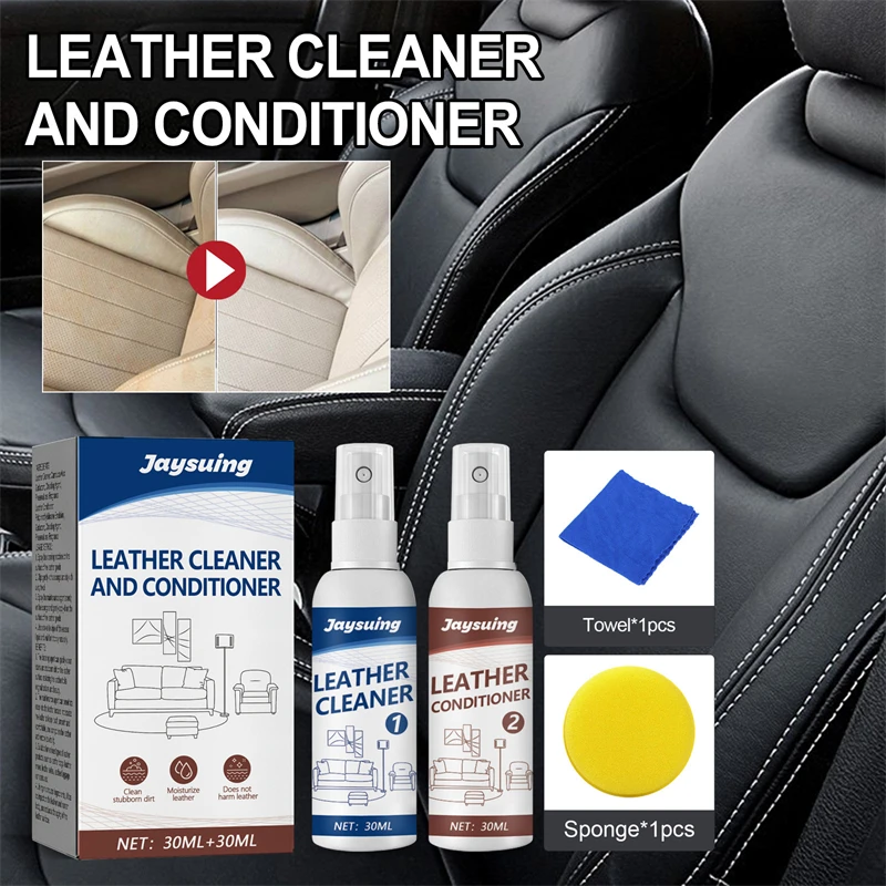 Jaysuing leather cleaner conditioner spray set stains removing agent cracked hardening leather maintaining cleaner kit for car