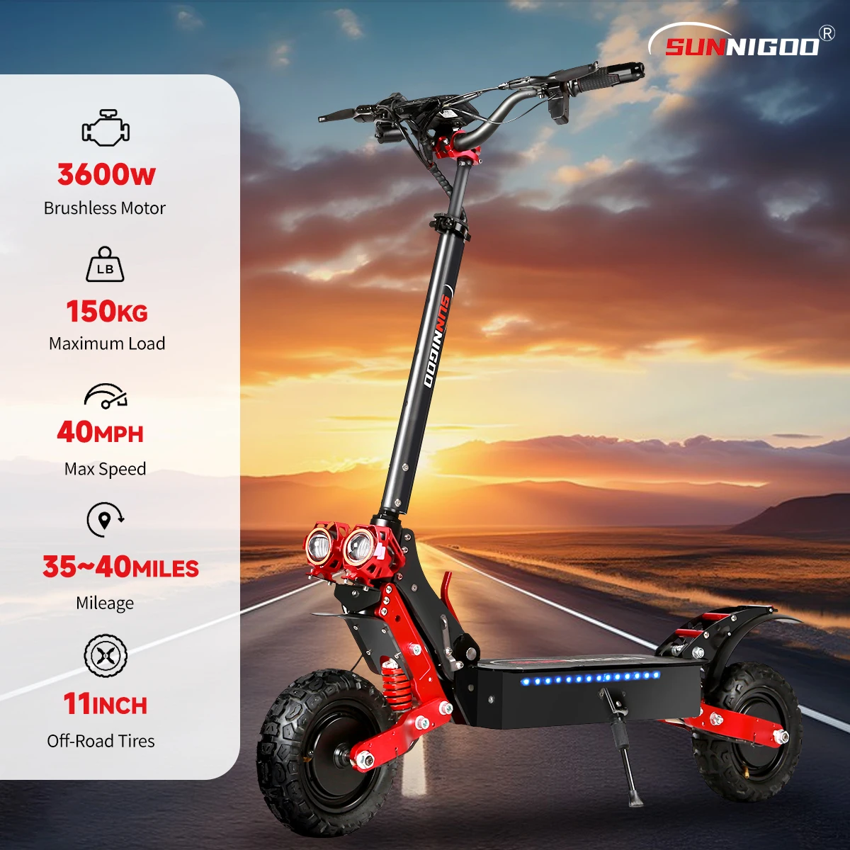 SUNNIGOO X7 Electric Scooter From EU Warehouse 11 Inch Wheel Off Road E Scooter With 3600W Motor 48V 21Ah Battery Adult Escooter