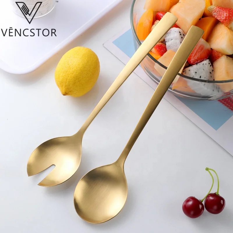 
2PCS Wedding Restaurant Matte Gold Salad Servers Spoon And Fork Set 
