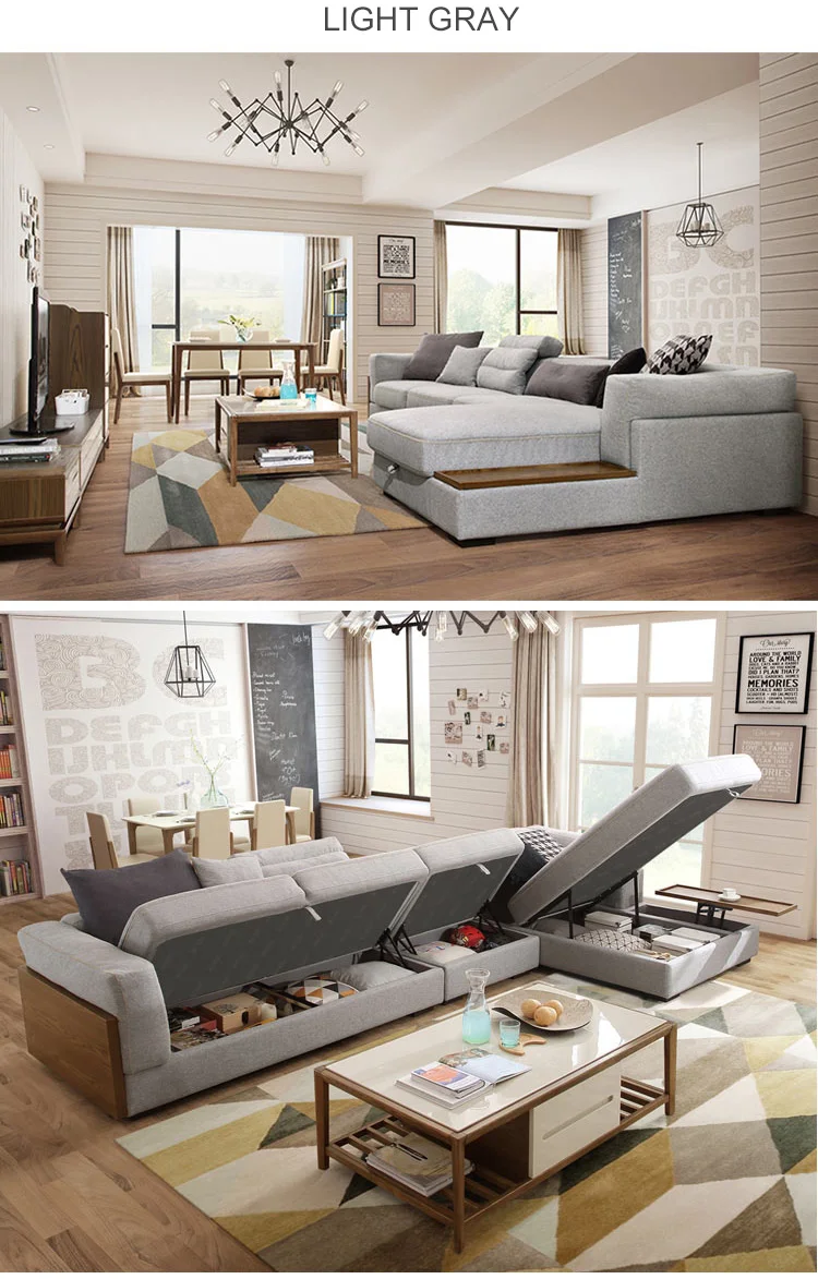 Modern European New L Grey Blue Corne Sectional Sofa Set With Storage Space