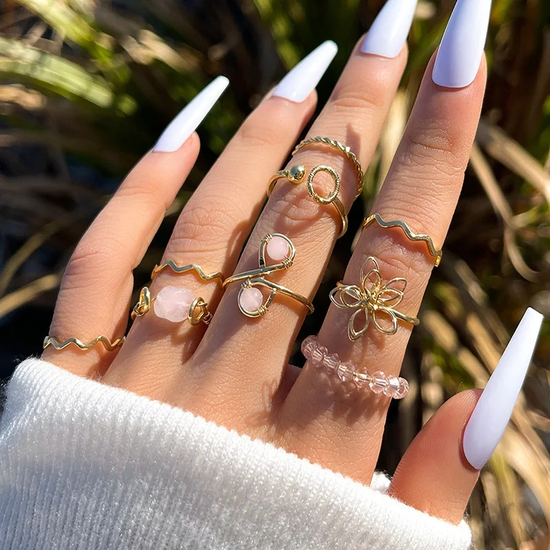 Bohemian Gold Color Flower Ring Set 10 pc Hollow Butterfly Pearl Heart Geometric Rings Finger Simple Jewelry Set