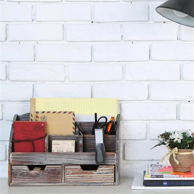 6 compartment 2 drawer supplies rack distressed torched pine wood desk organizer drawers