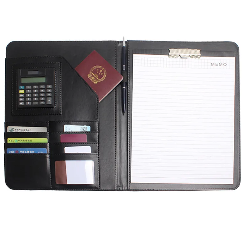 Replaceable Memo Business Meeting Planner Card and A4 File Holder Leather Notebook with Digital Calculator