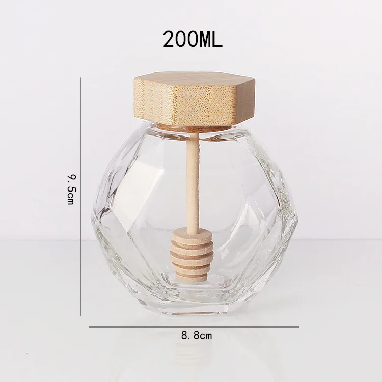 Luxury New Design 200ml  380ml Hexagonal Shape Empty Glass Honey Jar Food Storage Jar with Wooden Cap and Dipper