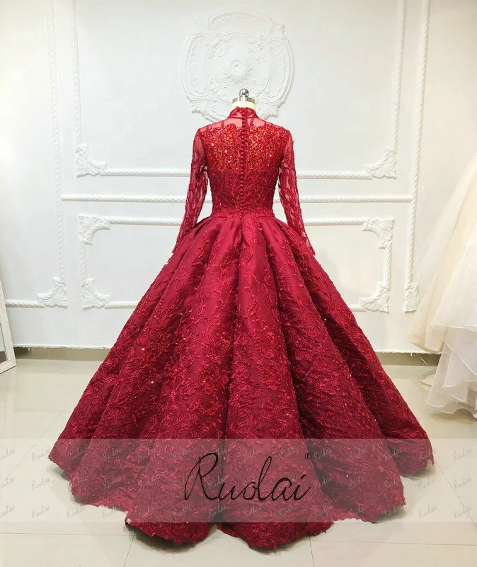 Ruolai OEV-L4013 Luxury Muslim Arabic Long Sleeves Beaded Crystal Engagement Dress Ball Gowns wedding dresses turkey istanbul