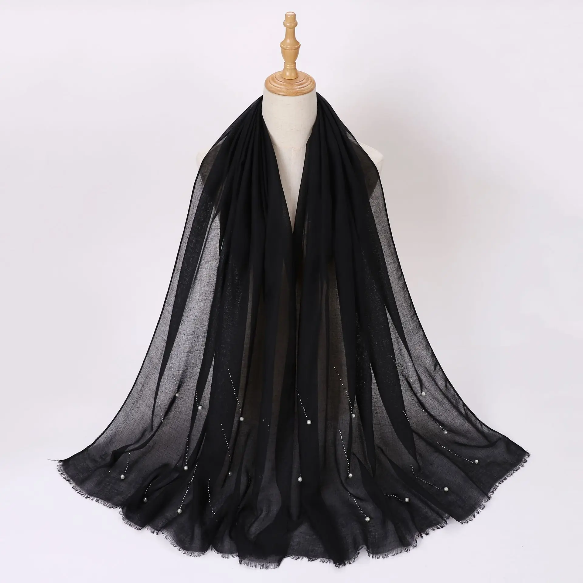 2024 Hot selling premium quality scarf with elegant rhinestone pearl beads TR cotton viscose fancy hijab scarf