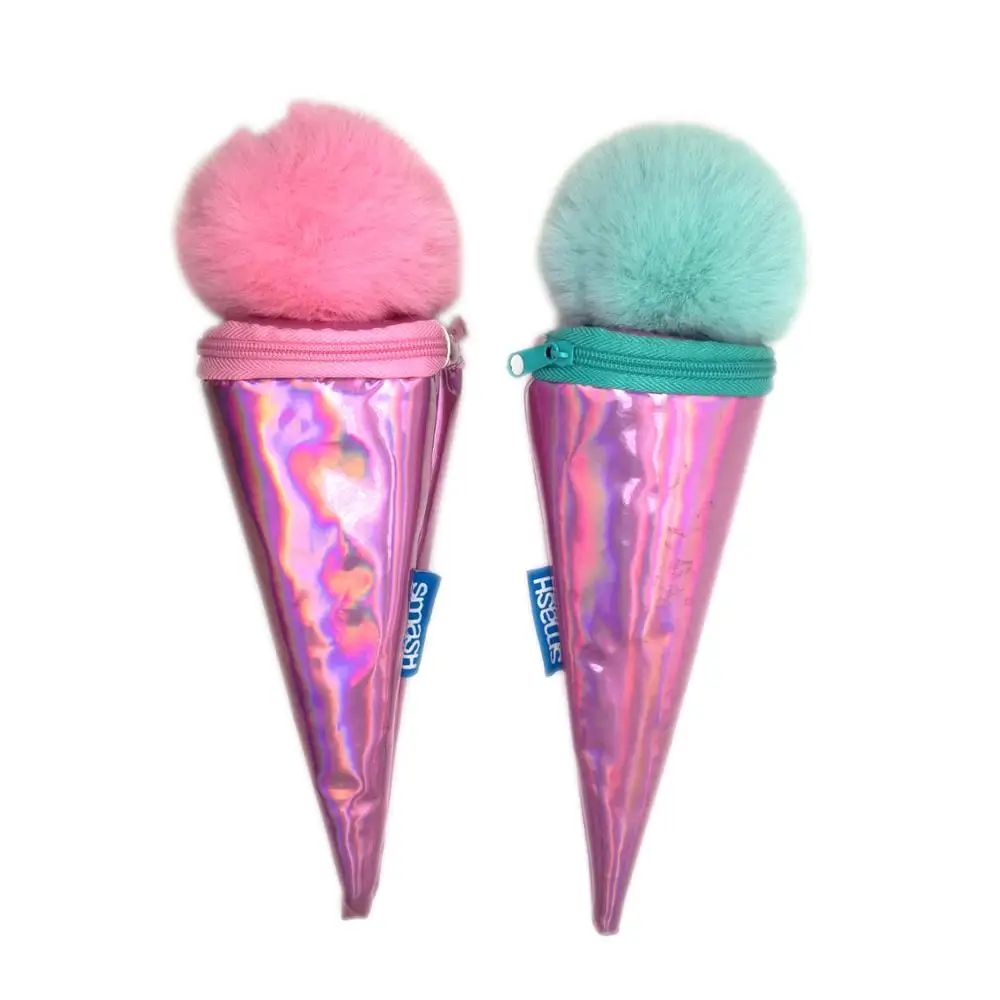 PU Laser Ice-cream Shape Holographic Pencil/Pen Bag / Pouch with zipper and Pom Pom ball