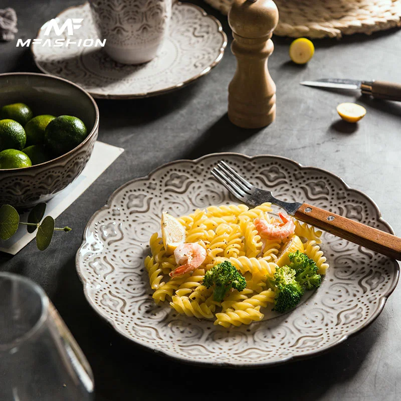 Direct selling American retro ceramic tableware embossed craftsmanship dishes and dishes personalized dishes and bowls wholesale