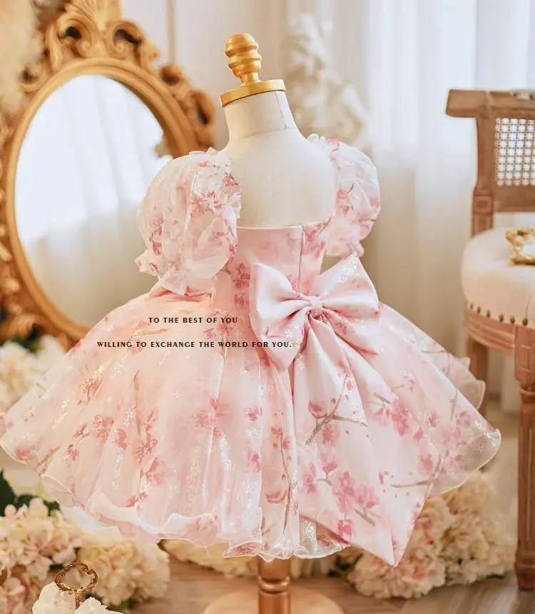 2024 Princess pink flower dresses for Baby Girls Birthday Wedding tulle dress frock clothing wholesale