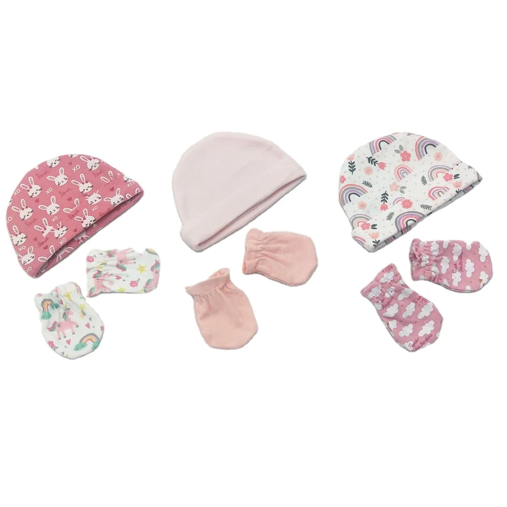 Factory Wholesale Single Layer Soft Interlock Rabbit Printed 6PK Newborn Baby Hats and Anti-scratch Mittens Set