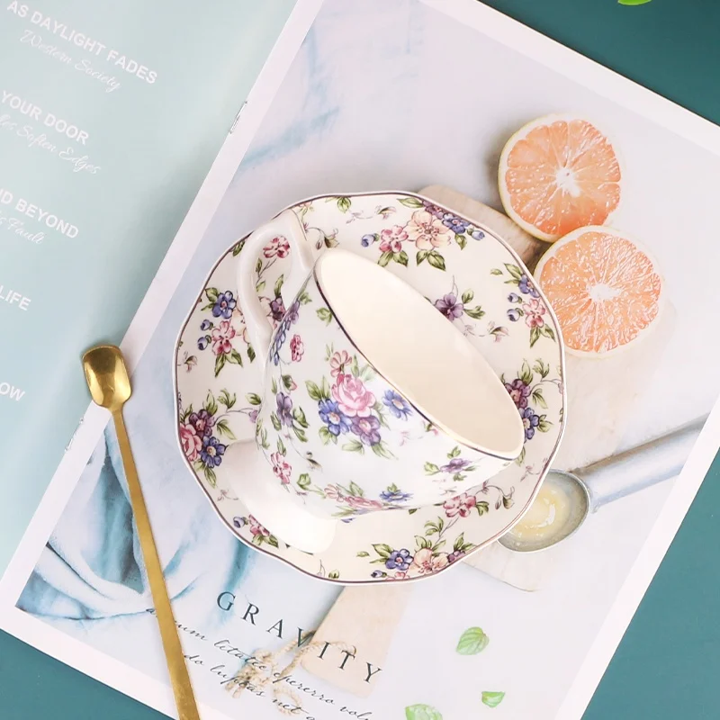 Wholesale Turkish nordic European luxury royal fine bone china ceramic flower porcelain coffee tea cup and saucer set