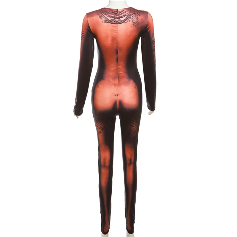 2024 Spring Fall Women Streetwear Fashion Ladies High Waist Long Sleeve Club Sexy 3D Africa Print Body Bodysuit Jumpsuit