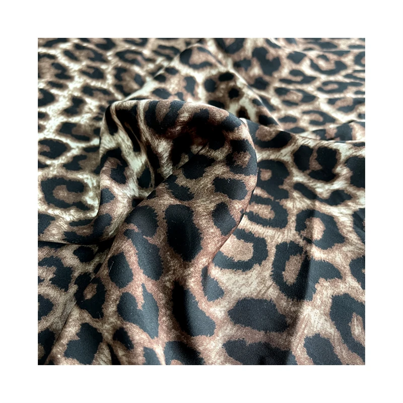 custom digital printing leopard print polyester ITY satin light chiffon  fabric for garment