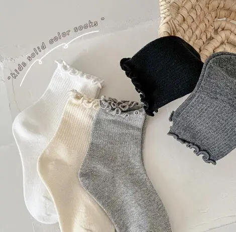 Hot-selling Fashion Sweet Plain Black White Grey Custom Cotton Crew Kids Socks Wholesale