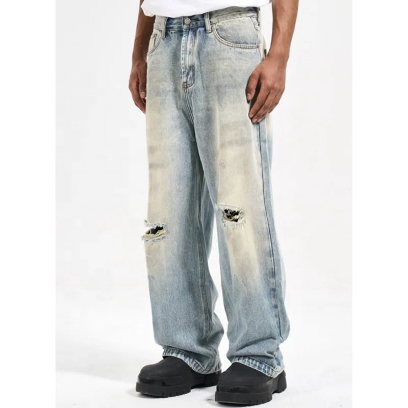 Custom label  drop ship  stock street wear stock baggy jeans manufacturer men blue stacked flared denim jeans