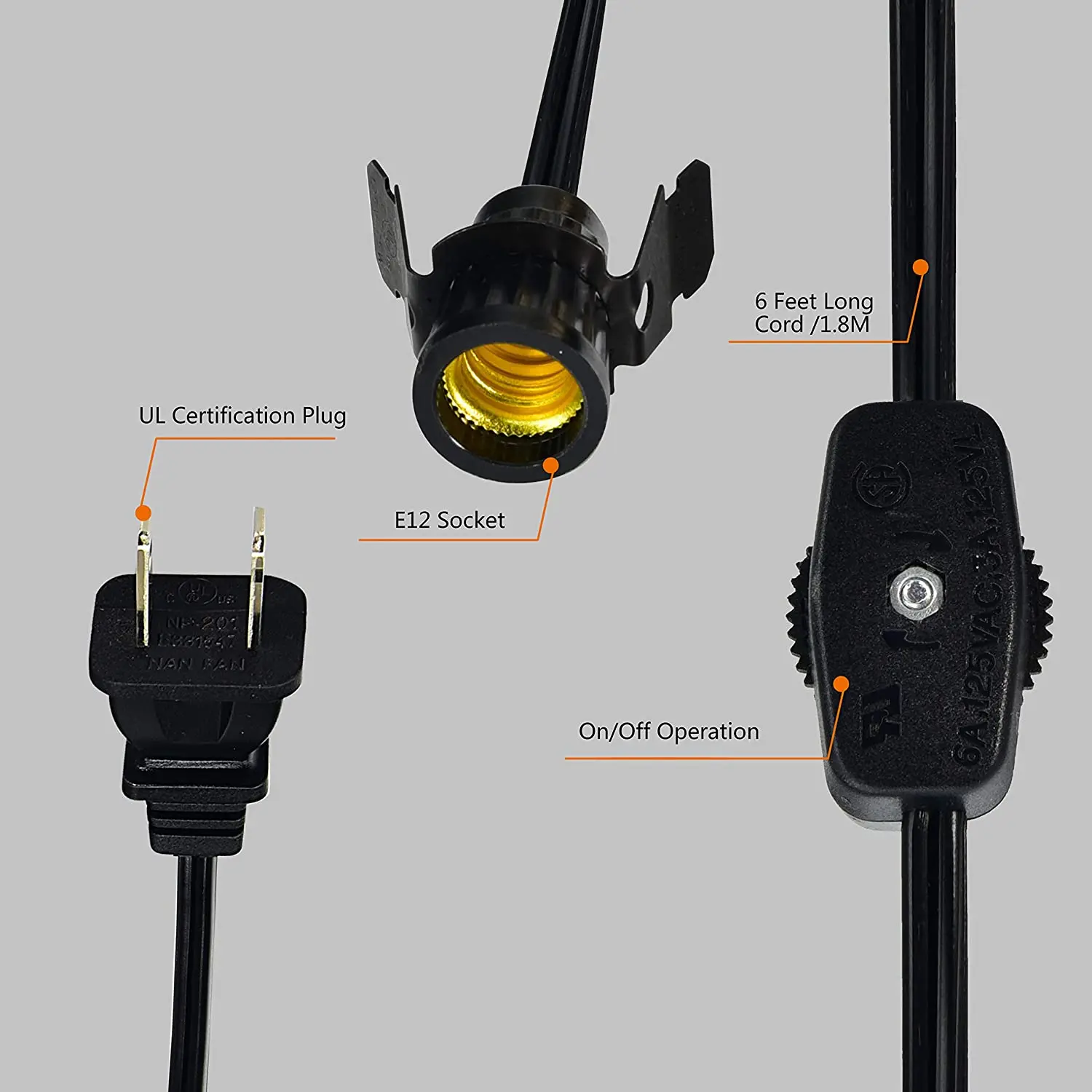 Snap-In Pigtail Candelabra-Base E12 Socket and Handy In-line Power Switch US Plug Electrical Lamp Cord